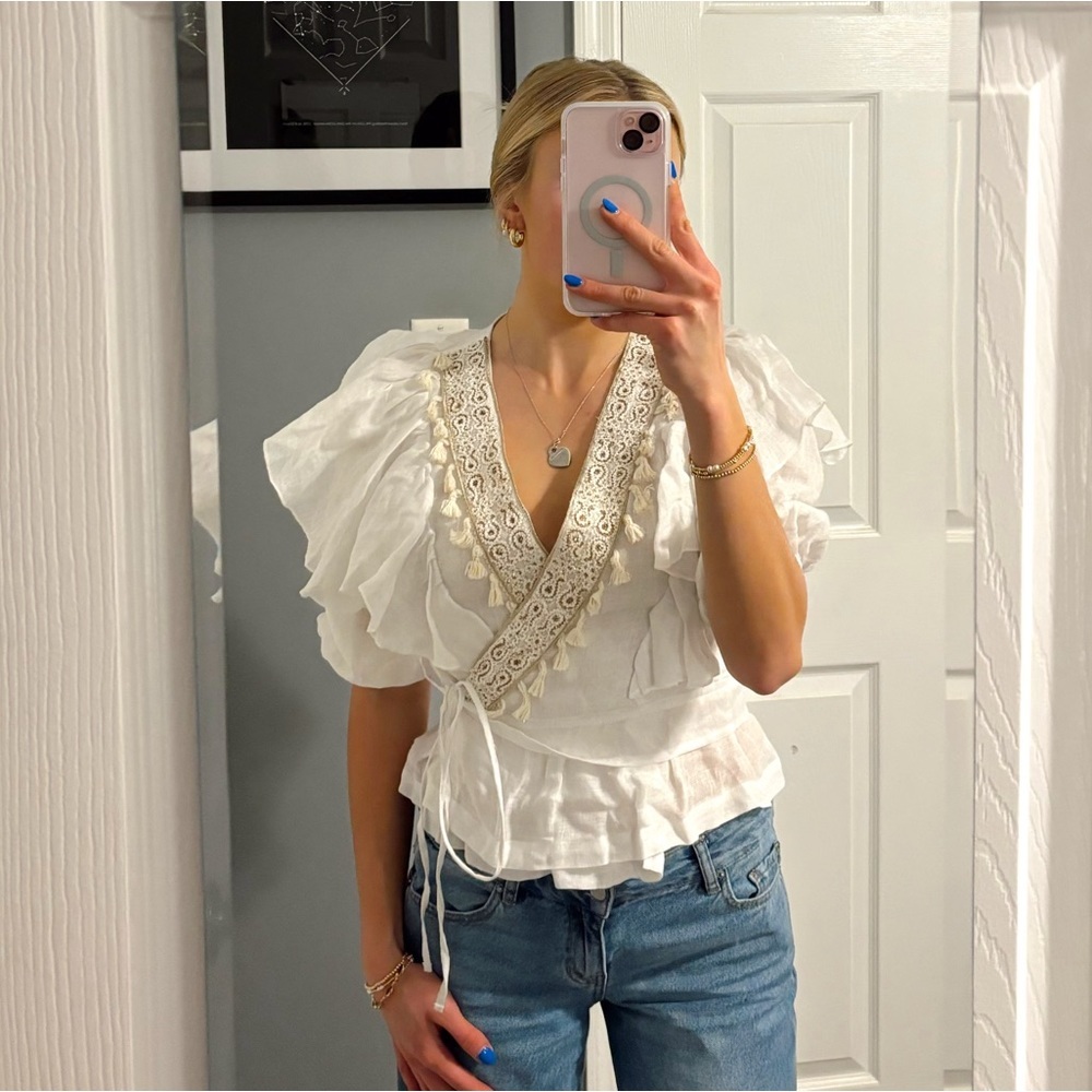 Pho Firenze White & Gold Wrap Front Blouse